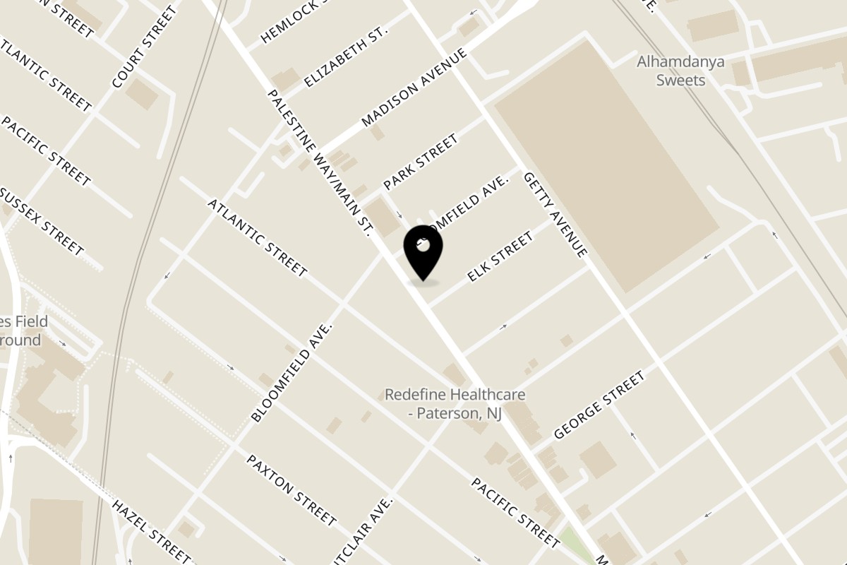 Map showing the location of Kravory Cafe on 889 Main St in Paterson